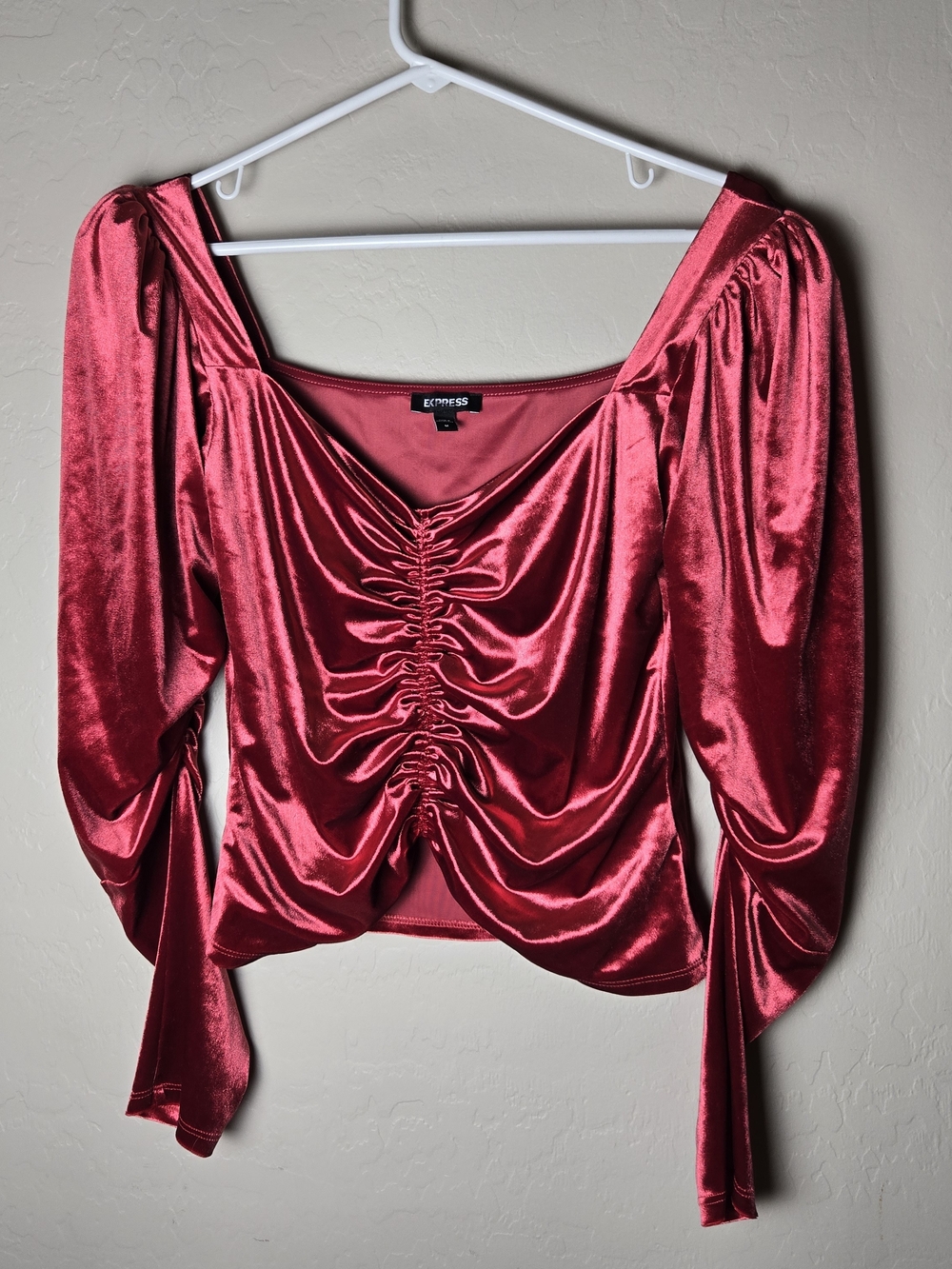 Express Red Velvet Ruched Sweetheart Puff Sleeve Blouse Top Holiday Glam M